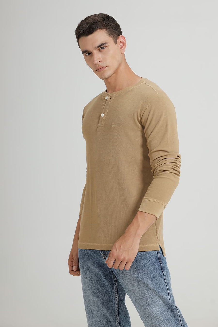 BASICS REGULAR FIT LARK COTTON POLYESTER HENLEY T-SHIRT