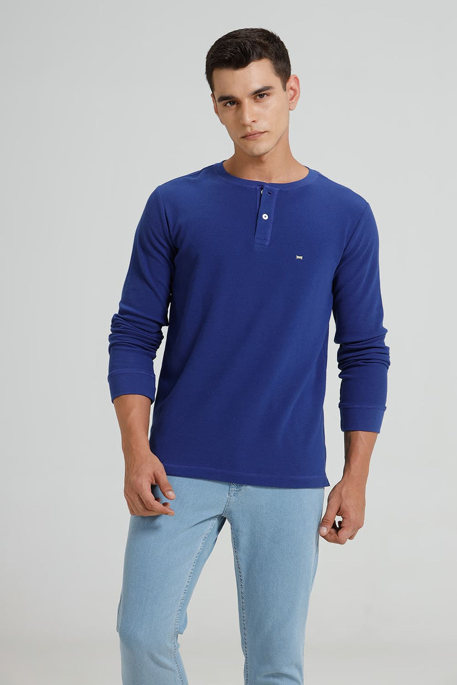 BASICS REGULAR FIT SODALITE BLUE COTTON POLYESTER HENLEY T-SHIRT