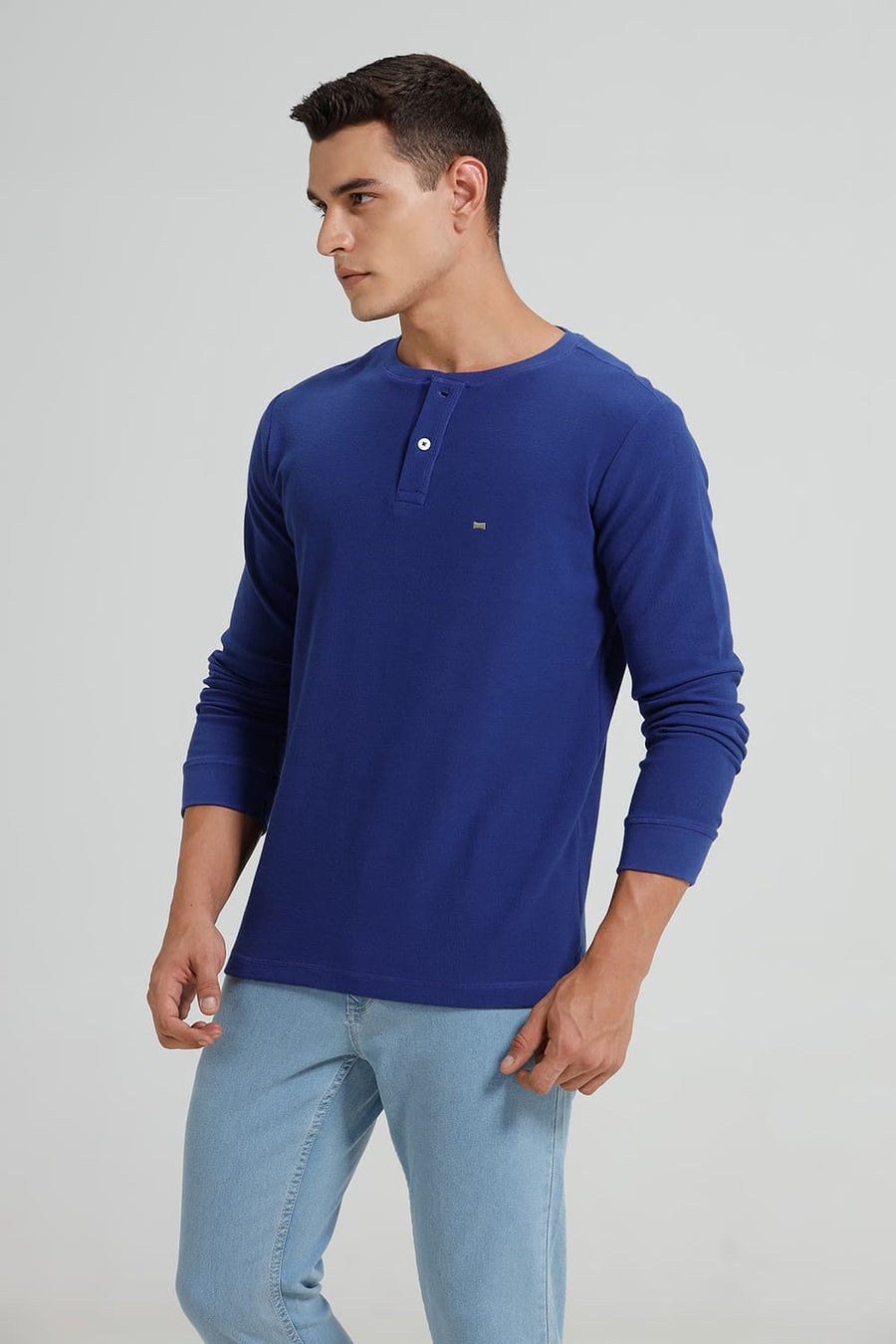 BASICS REGULAR FIT SODALITE BLUE COTTON POLYESTER HENLEY T-SHIRT