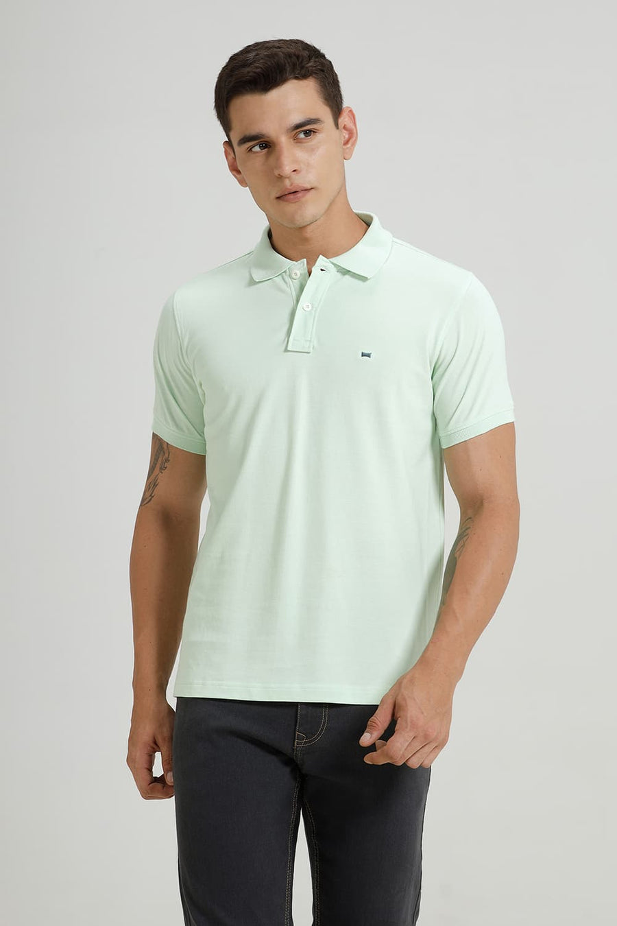 BASICS REGULAR FIT PASTEL GREEN COTTON POLO T-SHIRT