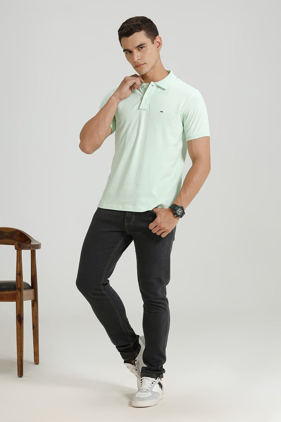 BASICS REGULAR FIT PASTEL GREEN COTTON POLO T-SHIRT