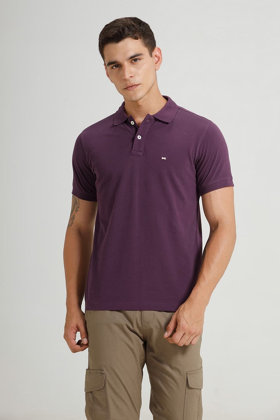 BASICS REGULAR FIT SHADOW PURPLE COTTON POLO T-SHIRT