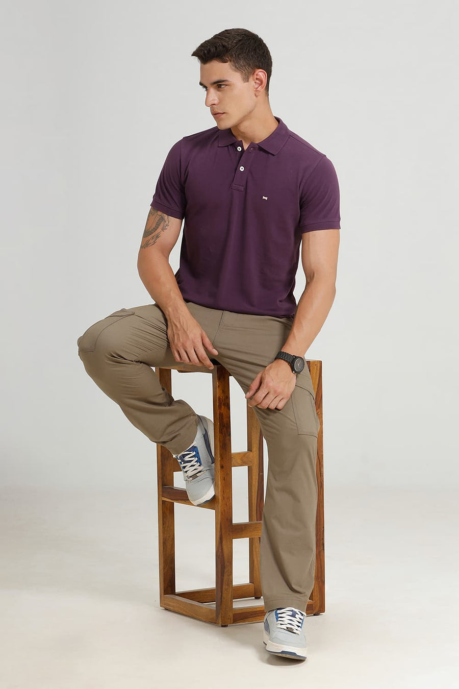 BASICS REGULAR FIT SHADOW PURPLE COTTON POLO T-SHIRT