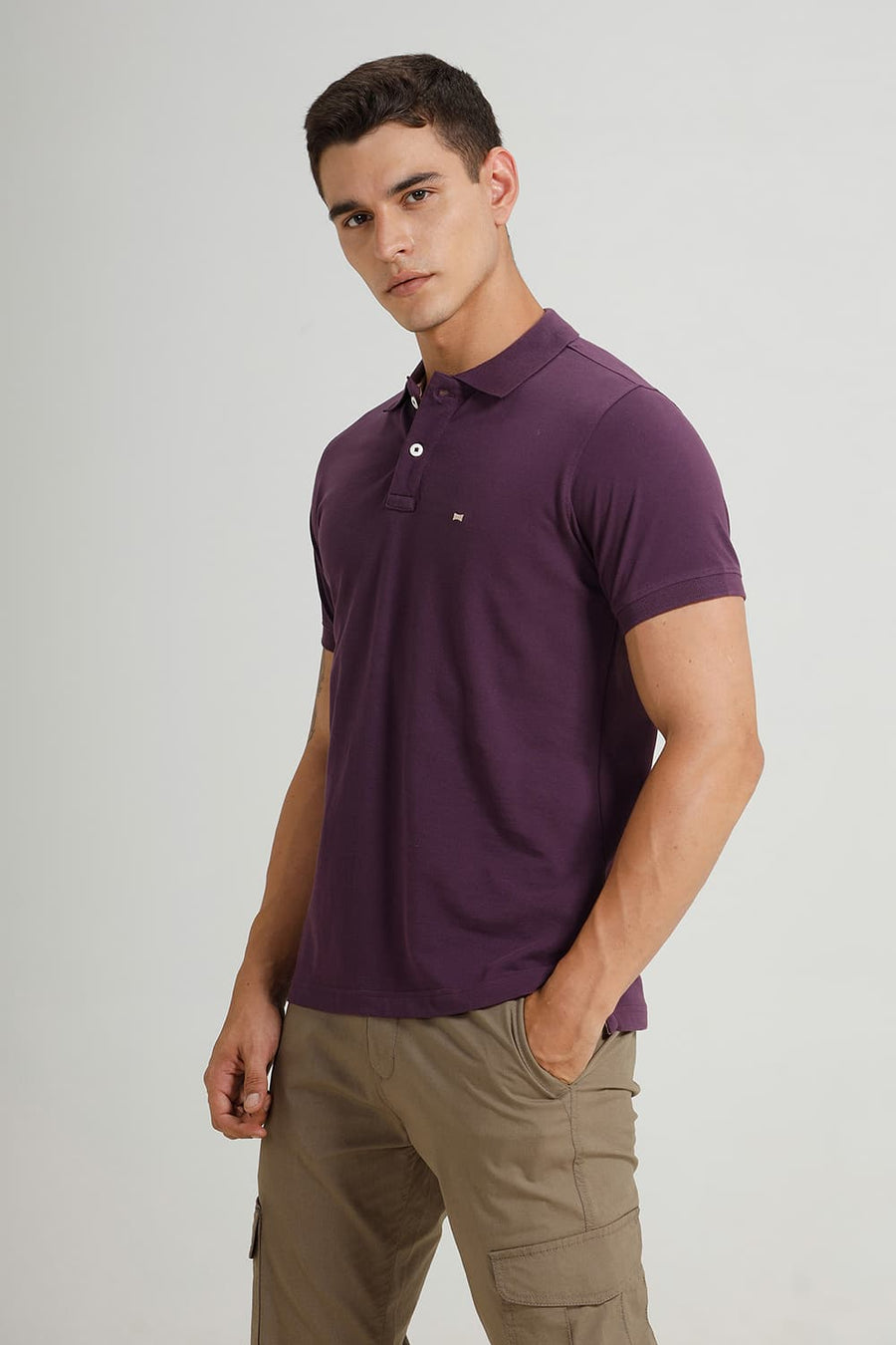 BASICS REGULAR FIT SHADOW PURPLE COTTON POLO T-SHIRT