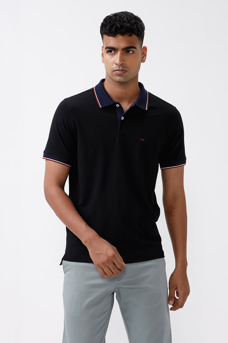 BASICS REGULAR FIT BLACK BEAUTY COTTON STRETCH POLO T-SHIRT