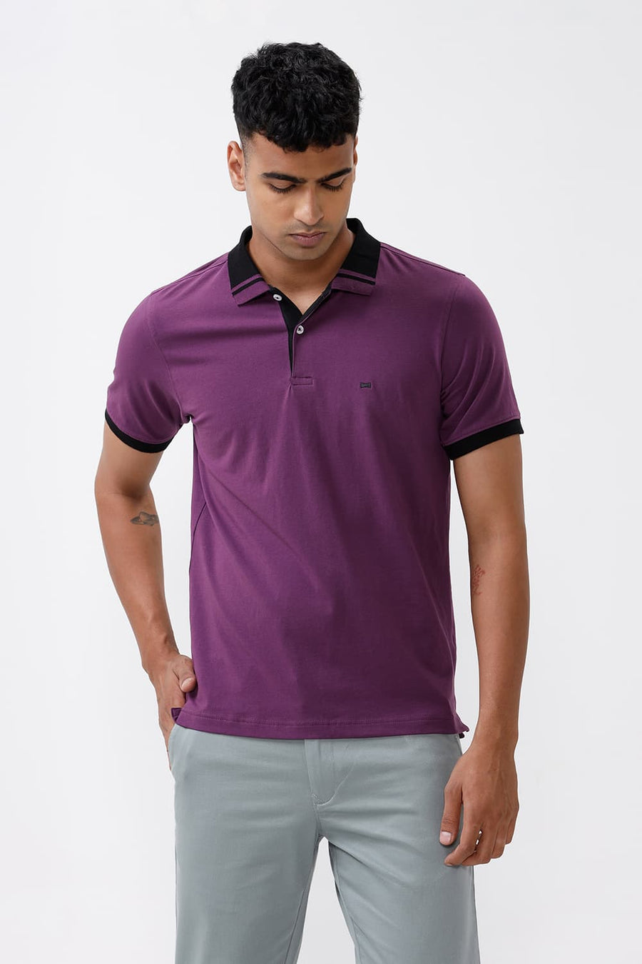 BASICS REGULAR FIT PLUM COTTON STRETCH POLO T-SHIRT