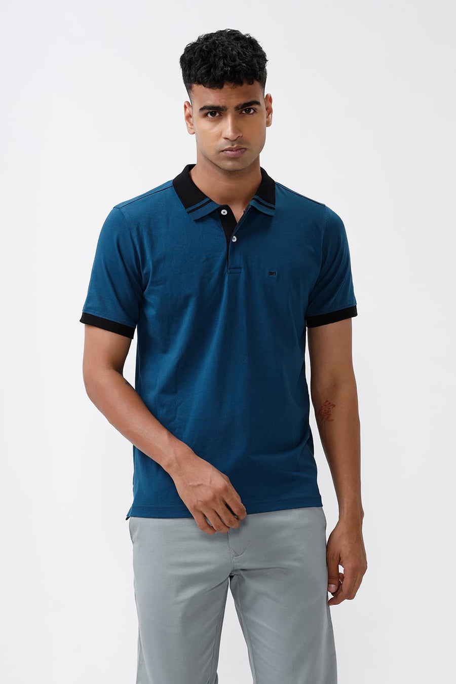 BASICS REGULAR FIT LEGION BLUE COTTON STRETCH POLO T-SHIRT
