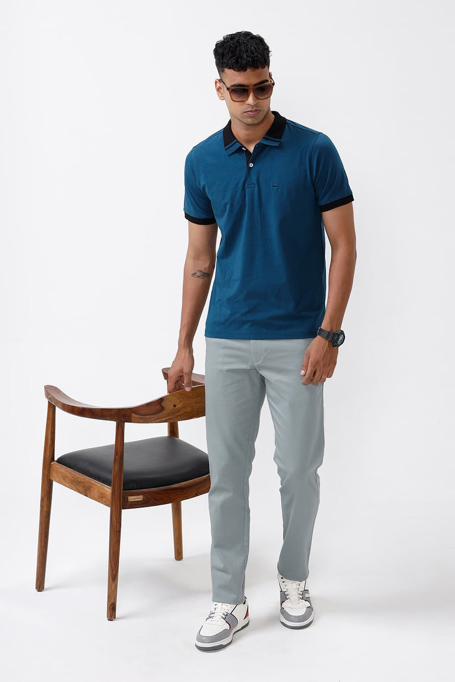 BASICS REGULAR FIT LEGION BLUE COTTON STRETCH POLO T-SHIRT