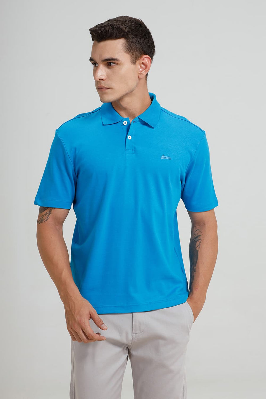 BASICS RELAXED FIT DIVA BLUE COTTON POLO T-SHIRT