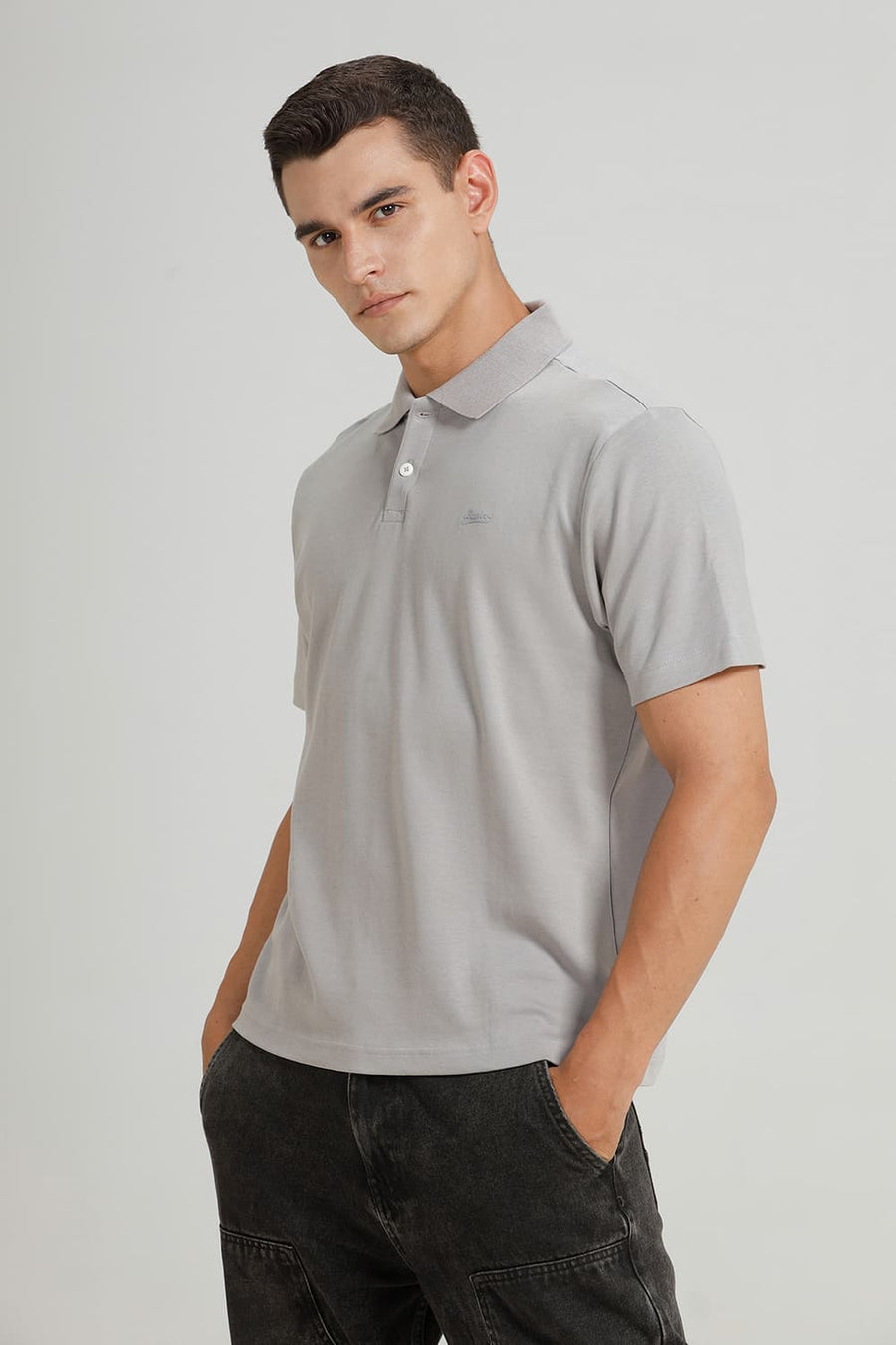 BASICS RELAXED FIT ULTIMATE GREY COTTON POLO T-SHIRT