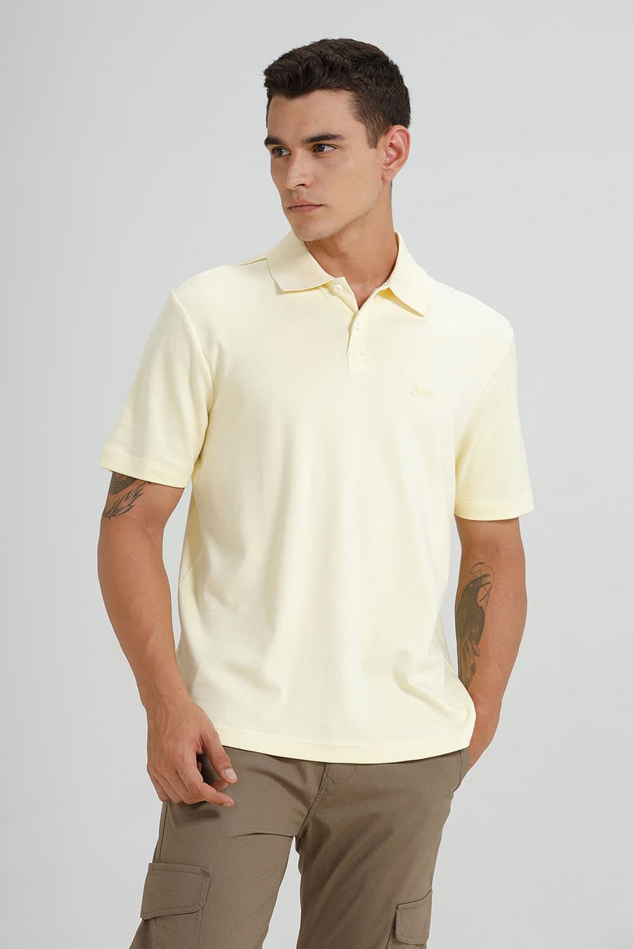BASICS RELAXED FIT PASTEL YELLOW COTTON POLO T-SHIRT