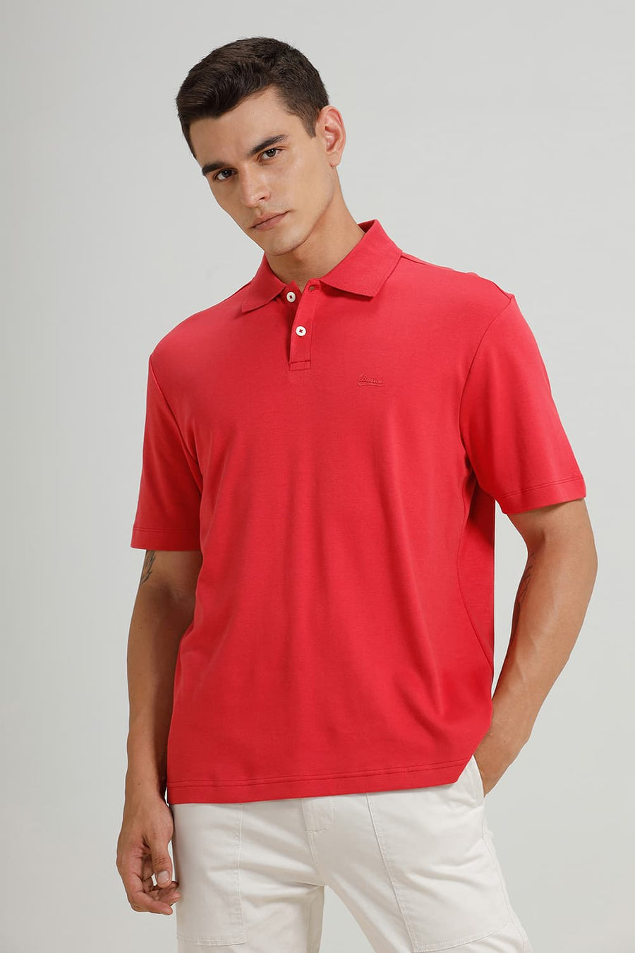 BASICS RELAXED FIT ROCOCCO RED COTTON POLO T-SHIRT