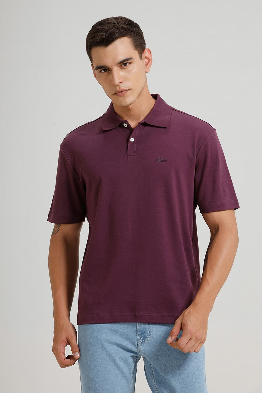 BASICS RELAXED FIT PLUM PURPLE COTTON POLO T-SHIRT