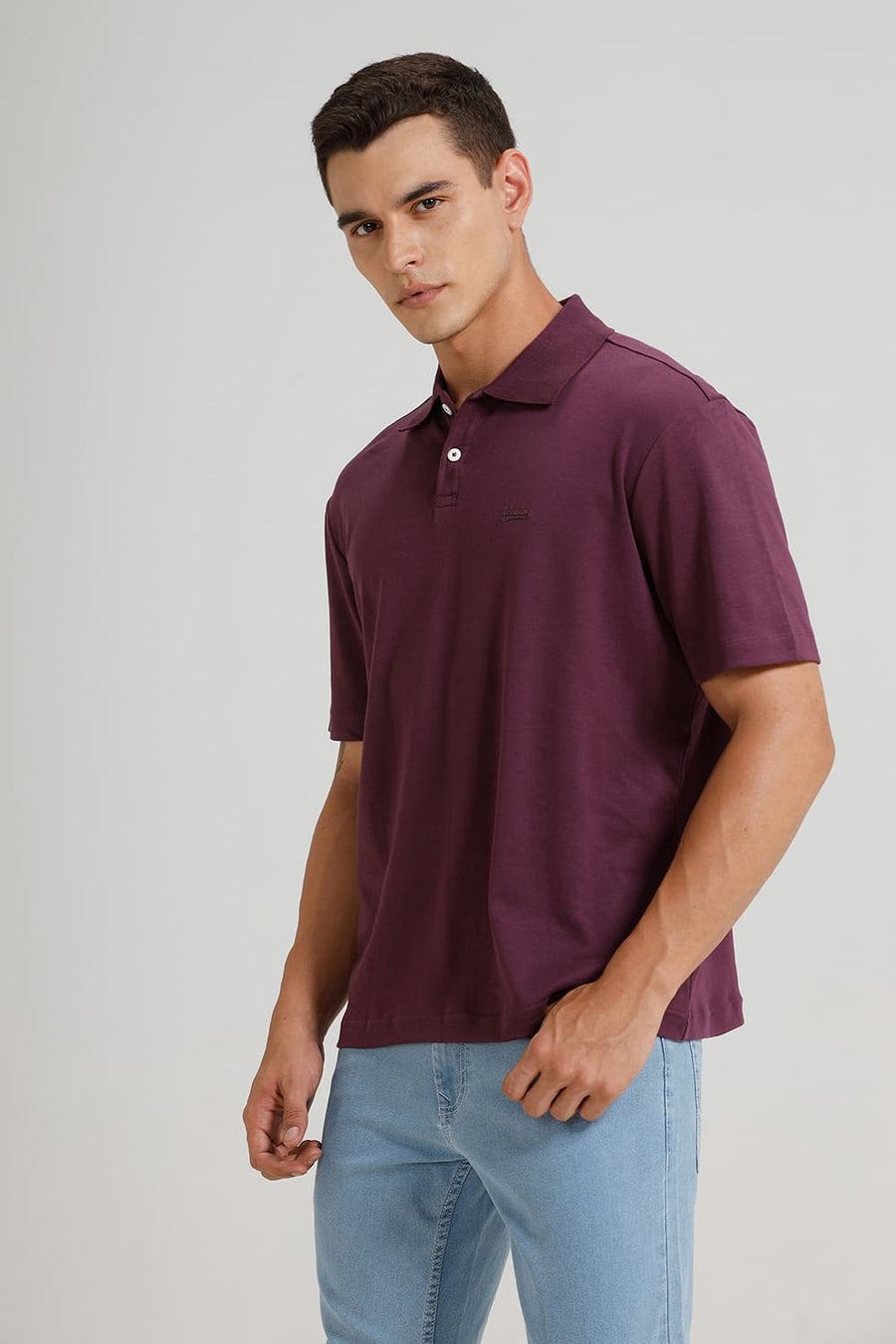 BASICS RELAXED FIT PLUM PURPLE COTTON POLO T-SHIRT