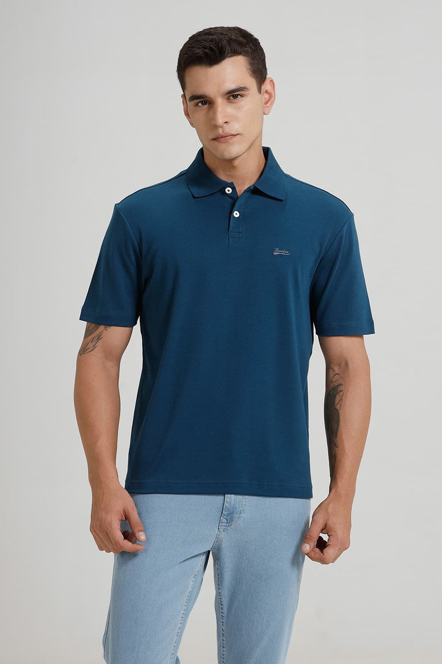 BASICS RELAXED FIT LEGION BLUE COTTON POLO T-SHIRT