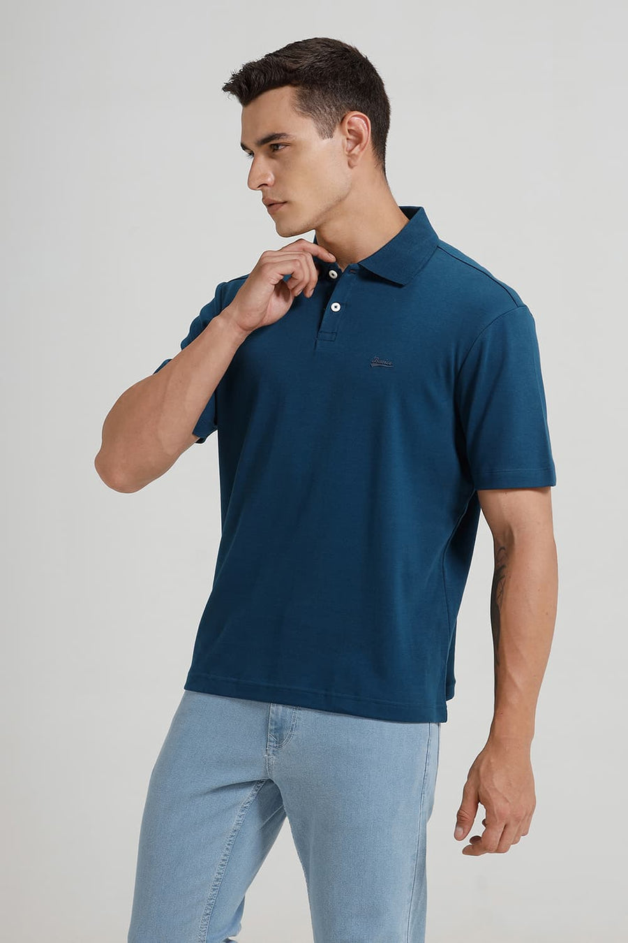BASICS RELAXED FIT LEGION BLUE COTTON POLO T-SHIRT