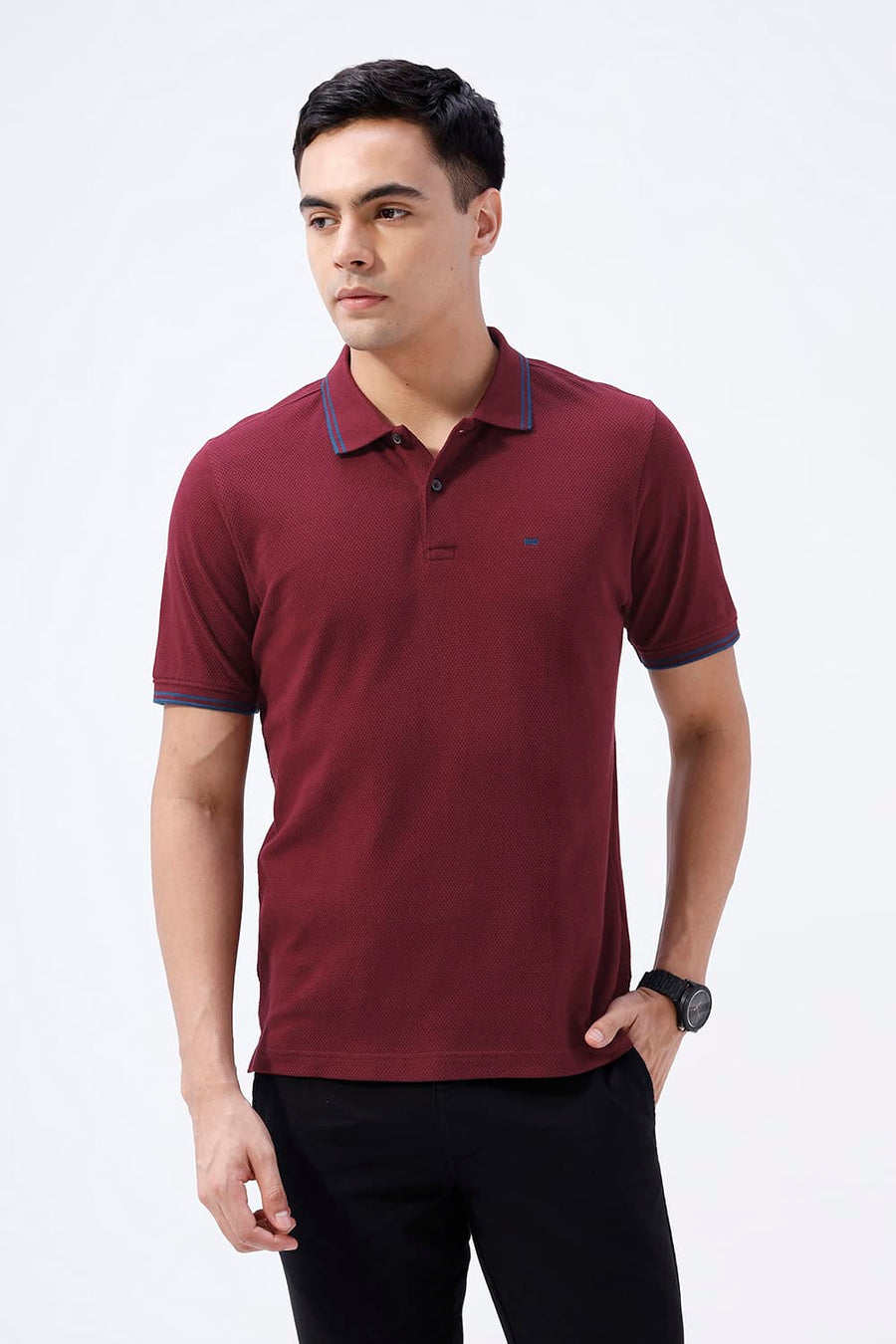 BASICS REGULAR FIT TAWNY PORT COTTON POLO T-SHIRT