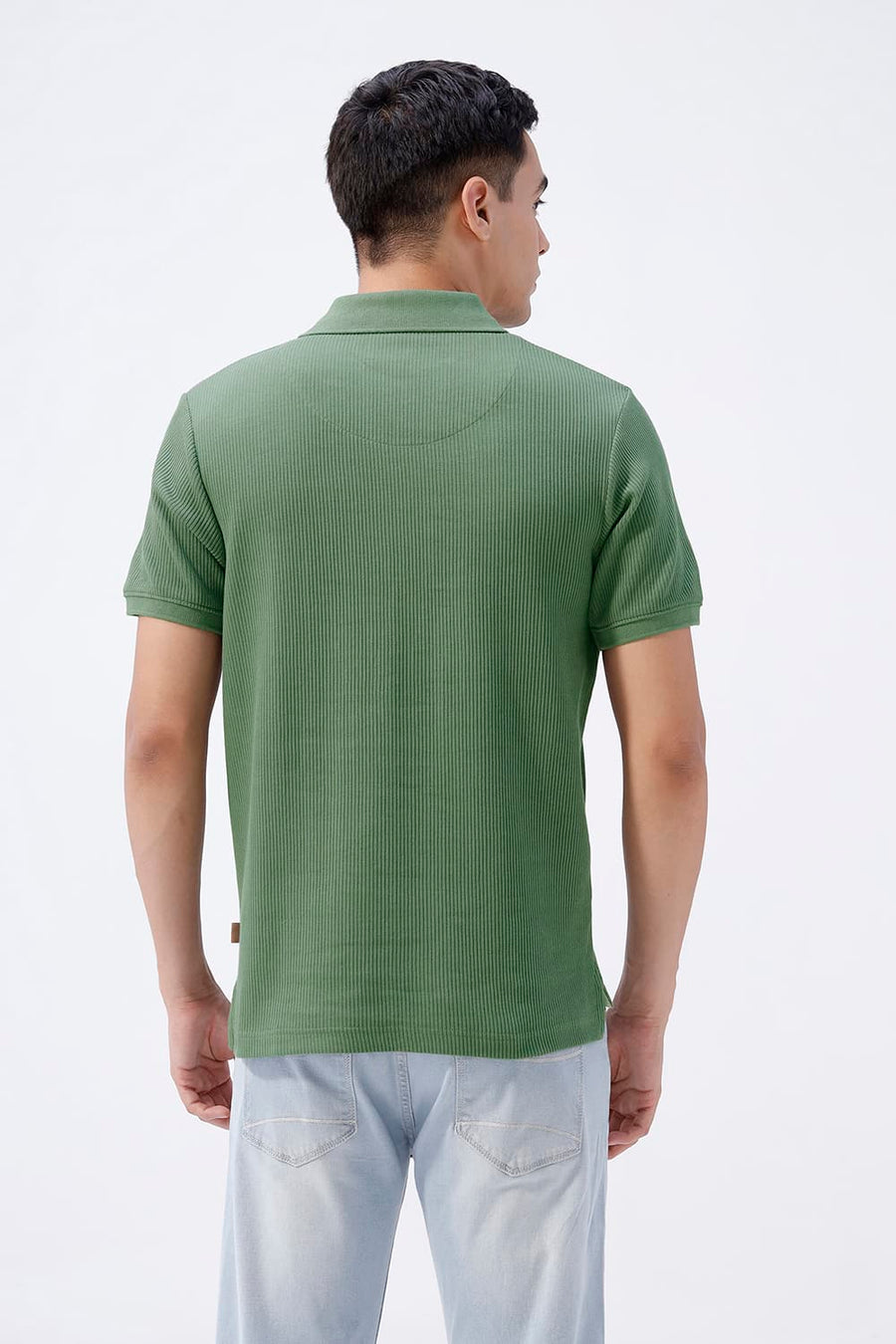 BASICS REGULAR FIT OLIVINE COTTON JOHNNY COLLAR POLO T-SHIRT