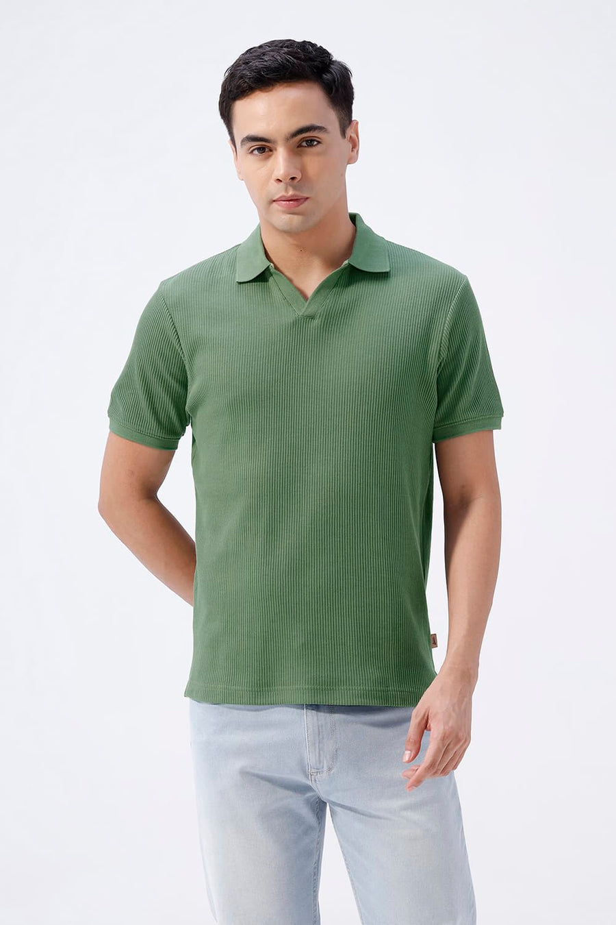 BASICS REGULAR FIT OLIVINE COTTON JOHNNY COLLAR POLO T-SHIRT