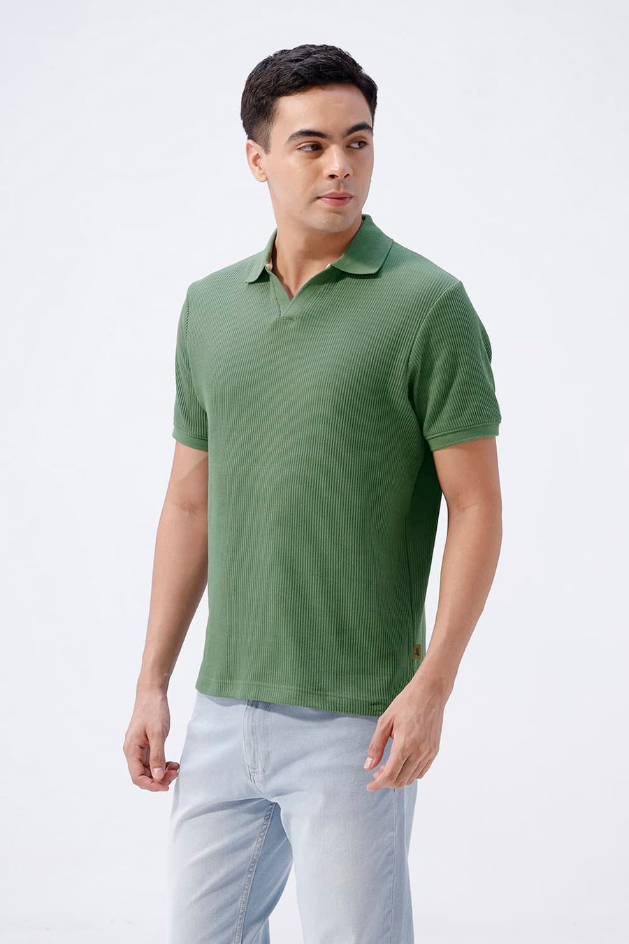 BASICS REGULAR FIT OLIVINE COTTON JOHNNY COLLAR POLO T-SHIRT