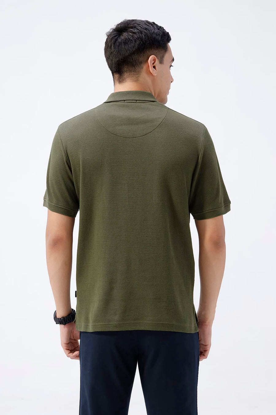 BASICS REGULAR FIT OIL GREEN COTTON JOHNNY COLLAR POLO T-SHIRT