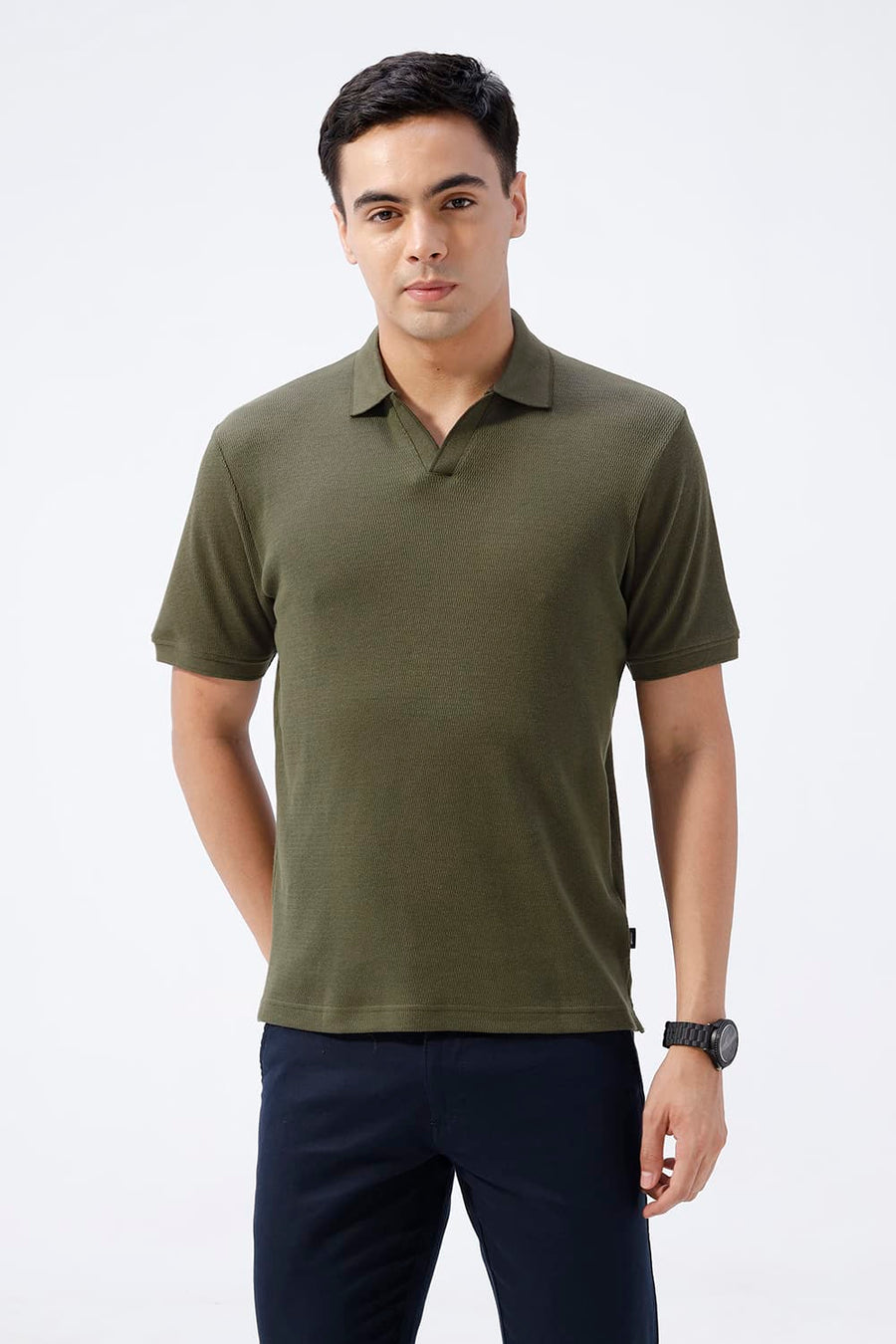 BASICS REGULAR FIT OIL GREEN COTTON JOHNNY COLLAR POLO T-SHIRT