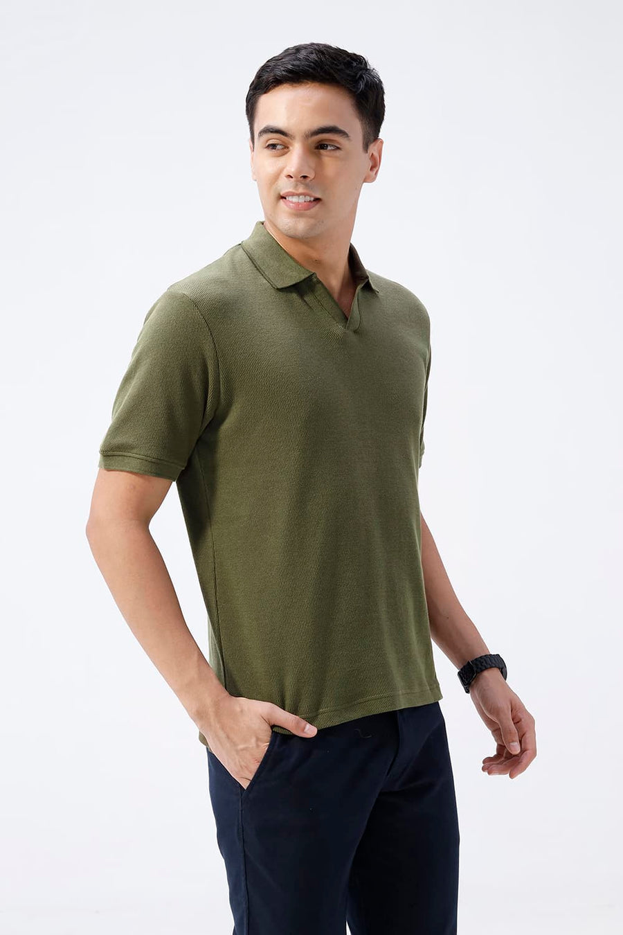 BASICS REGULAR FIT OIL GREEN COTTON JOHNNY COLLAR POLO T-SHIRT