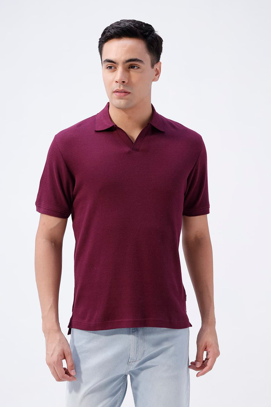 BASICS REGULAR FIT MAUVE WINE COTTON JOHNNY COLLAR POLO T-SHIRT