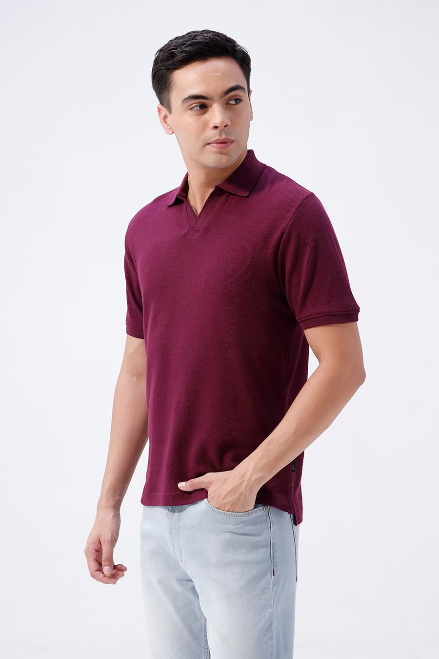 BASICS REGULAR FIT MAUVE WINE COTTON JOHNNY COLLAR POLO T-SHIRT