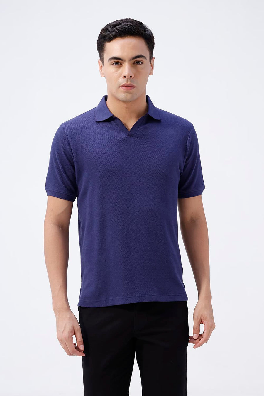 BASICS REGULAR FIT DEEP COBALT COTTON JOHNNY COLLAR POLO T-SHIRT