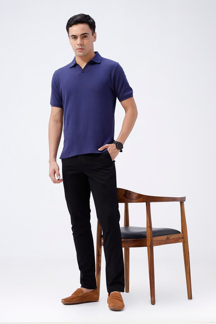 BASICS REGULAR FIT DEEP COBALT COTTON JOHNNY COLLAR POLO T-SHIRT