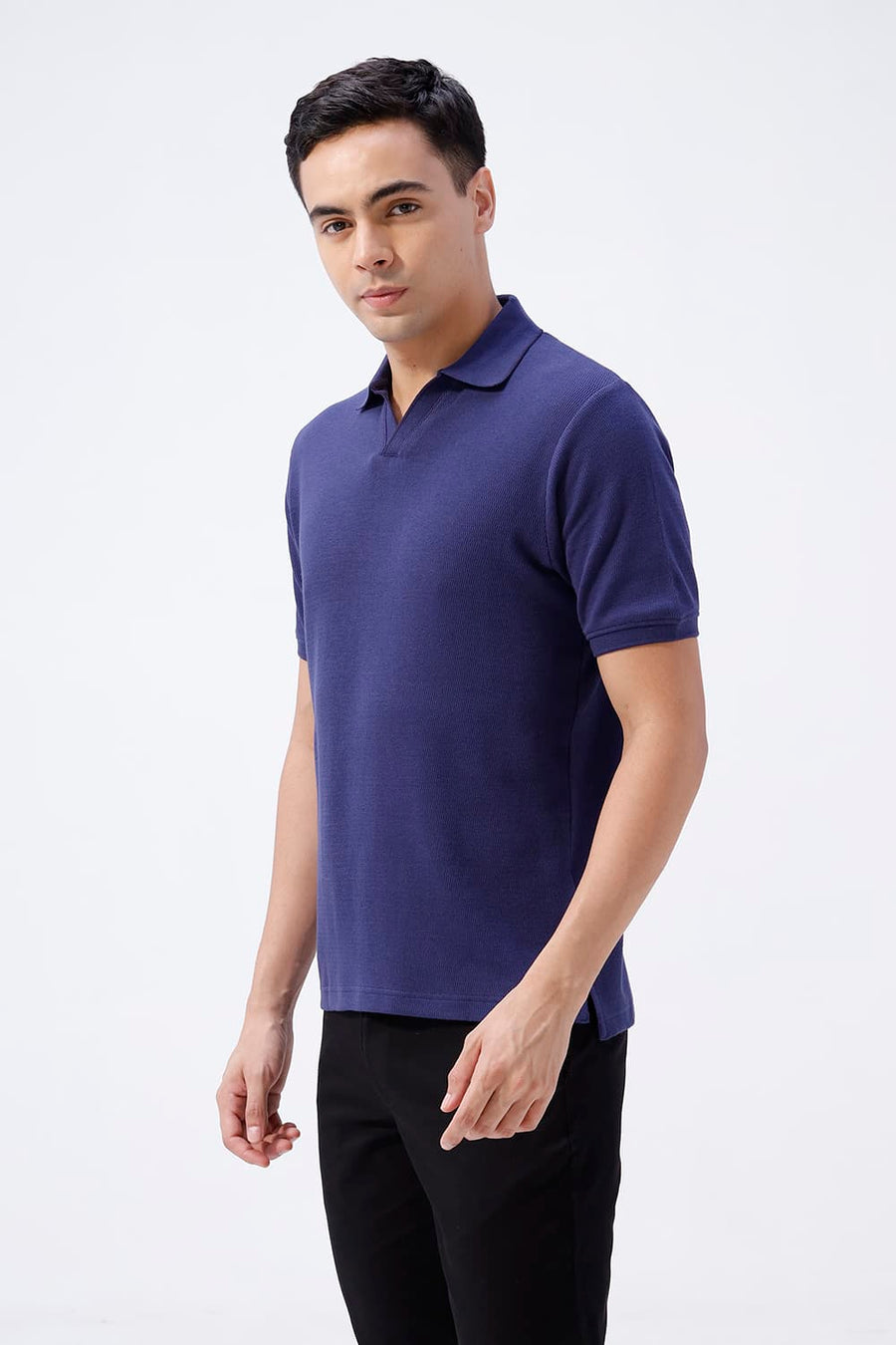 BASICS REGULAR FIT DEEP COBALT COTTON JOHNNY COLLAR POLO T-SHIRT