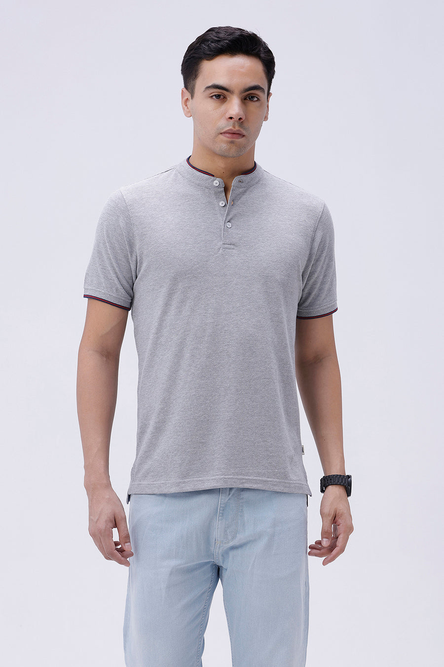 BASICS REGULAR FIT HEATHER GREY COTTON POLYESTER POLO T-SHIRT