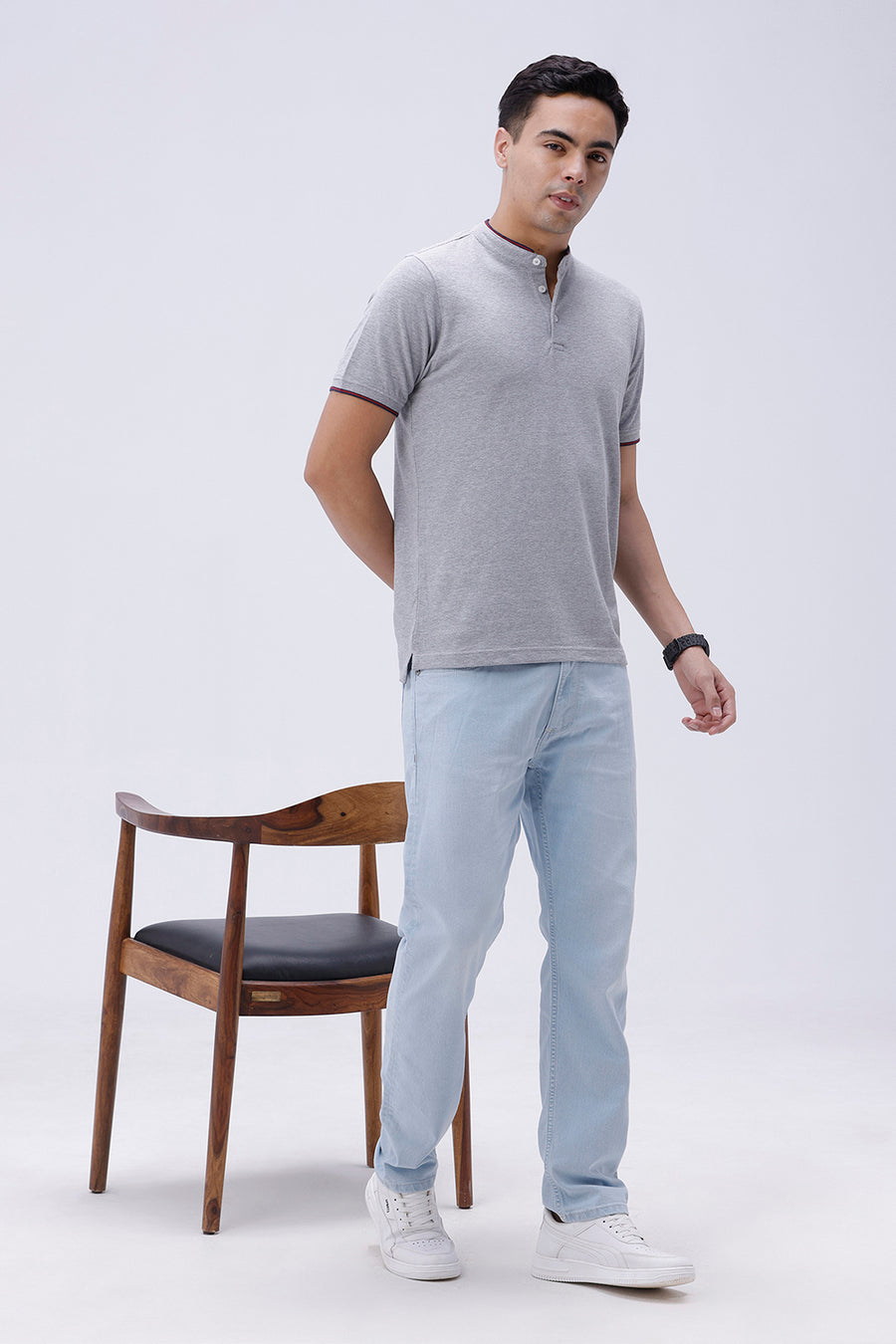BASICS REGULAR FIT HEATHER GREY COTTON POLYESTER POLO T-SHIRT