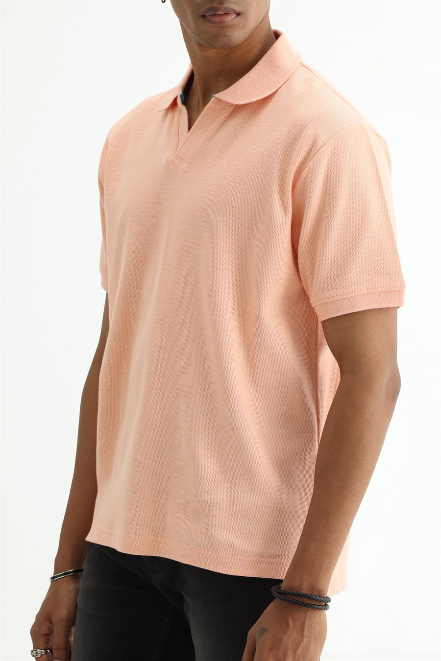 BASICS REGULAR FIT PEACH PALAZZO COTTON JOHNNY POLO T-SHIRT