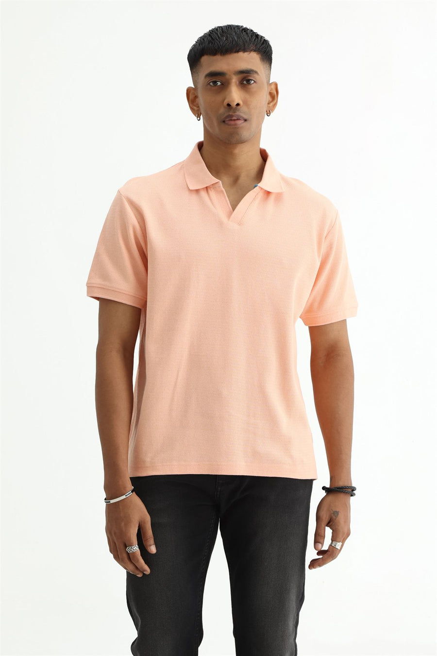 BASICS REGULAR FIT PEACH PALAZZO COTTON JOHNNY POLO T-SHIRT
