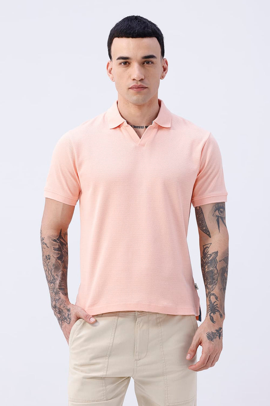 BASICS REGULAR FIT PEACH PALAZZO COTTON JOHNNY POLO T-SHIRT