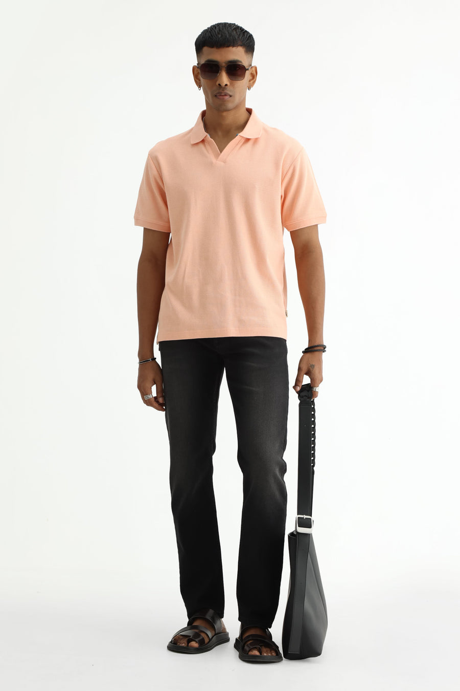 BASICS REGULAR FIT PEACH PALAZZO COTTON JOHNNY POLO T-SHIRT