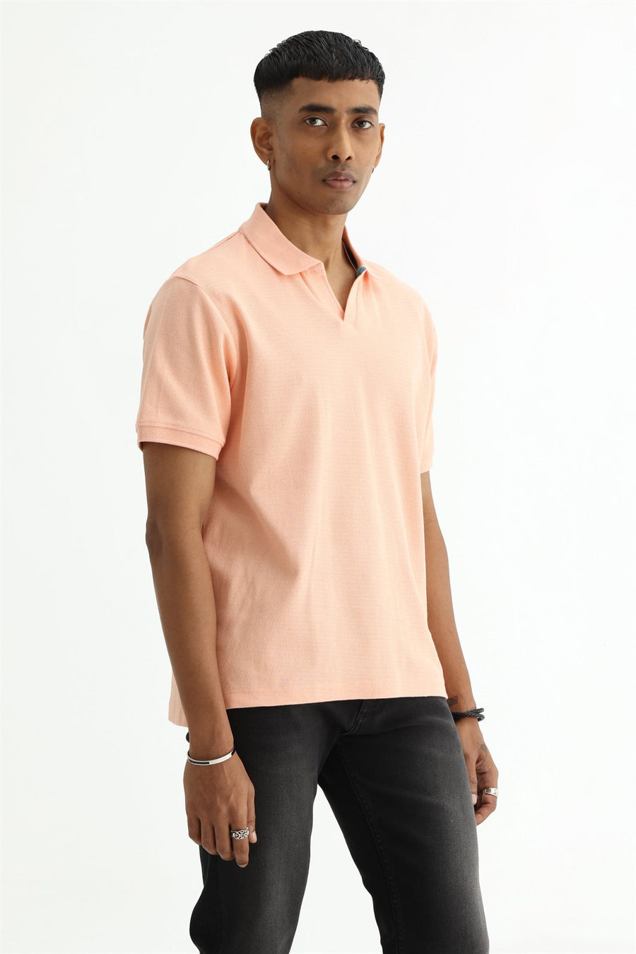 BASICS REGULAR FIT PEACH PALAZZO COTTON JOHNNY POLO T-SHIRT