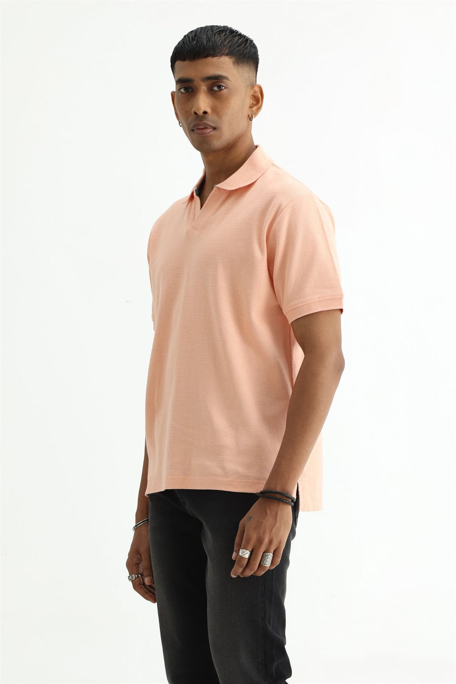 BASICS REGULAR FIT PEACH PALAZZO COTTON JOHNNY POLO T-SHIRT