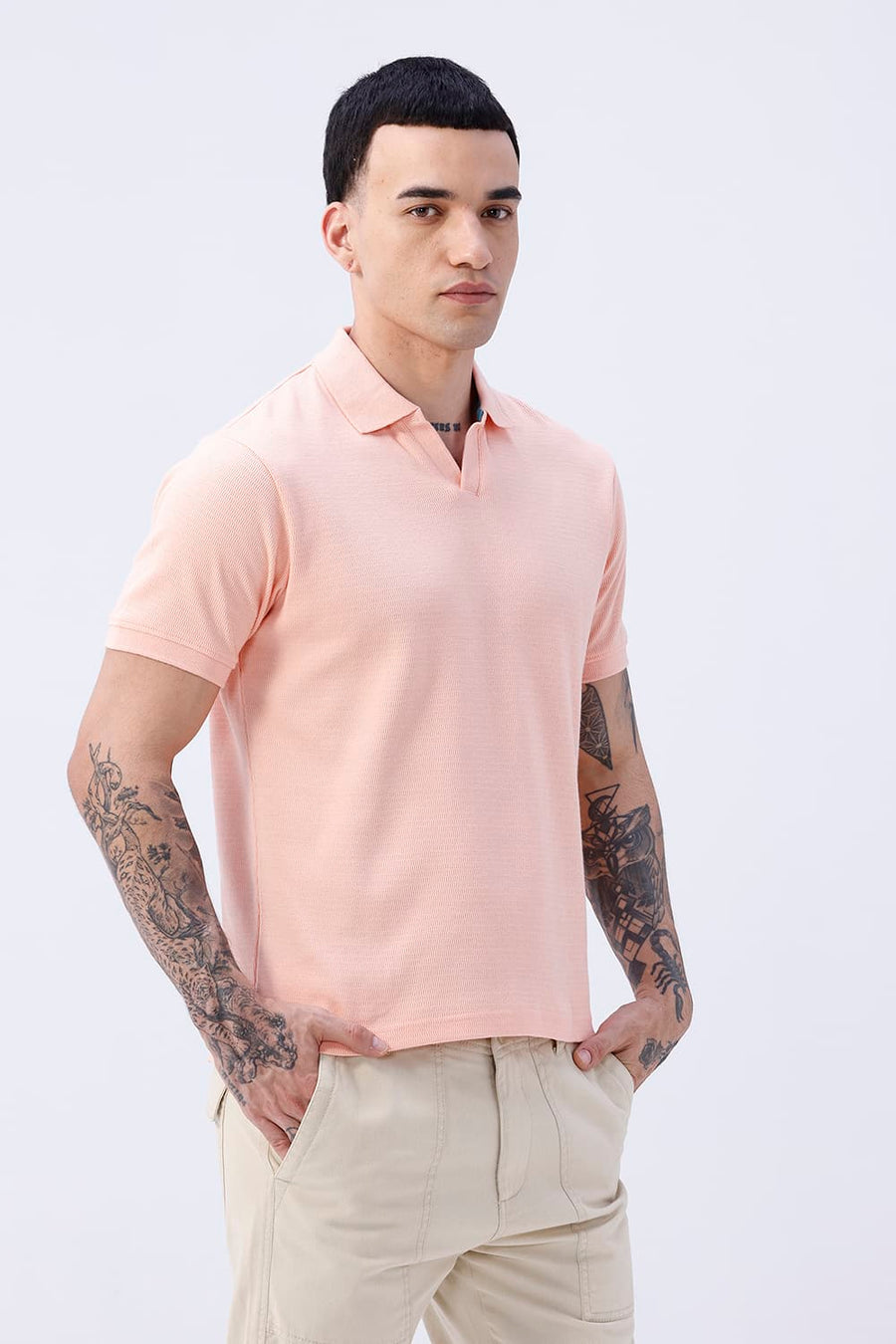 BASICS REGULAR FIT PEACH PALAZZO COTTON JOHNNY POLO T-SHIRT