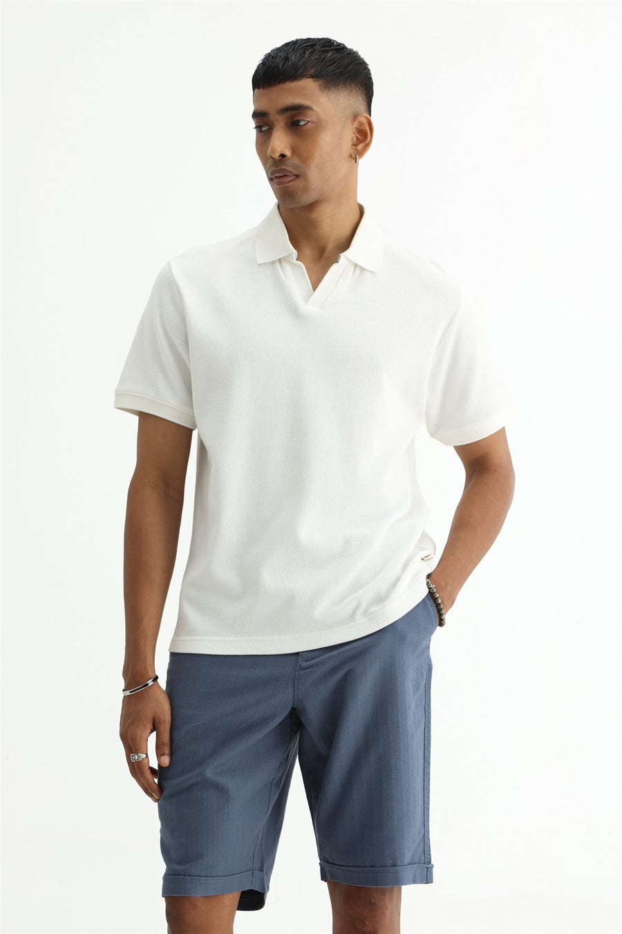 BASICS REGULAR FIT LUCENT WHITE COTTON JOHNNY POLO T-SHIRT