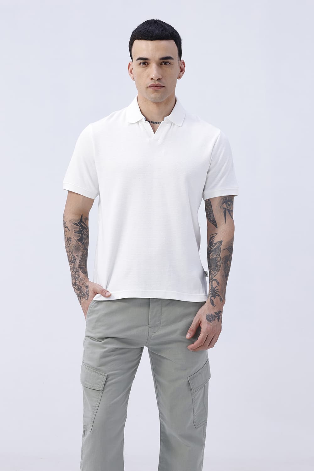 BASICS REGULAR FIT LUCENT WHITE COTTON JOHNNY POLO T-SHIRT