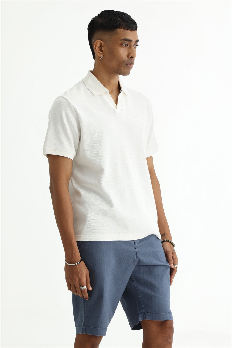 BASICS REGULAR FIT LUCENT WHITE COTTON JOHNNY POLO T-SHIRT