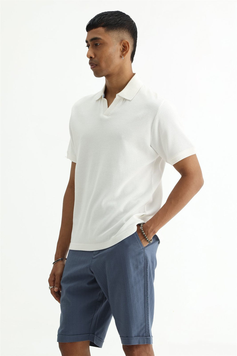 BASICS REGULAR FIT LUCENT WHITE COTTON JOHNNY POLO T-SHIRT