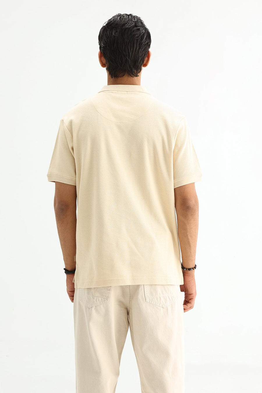 BASICS REGULAR FIT BLEACHED SAND COTTON JOHNNY POLO T-SHIRT