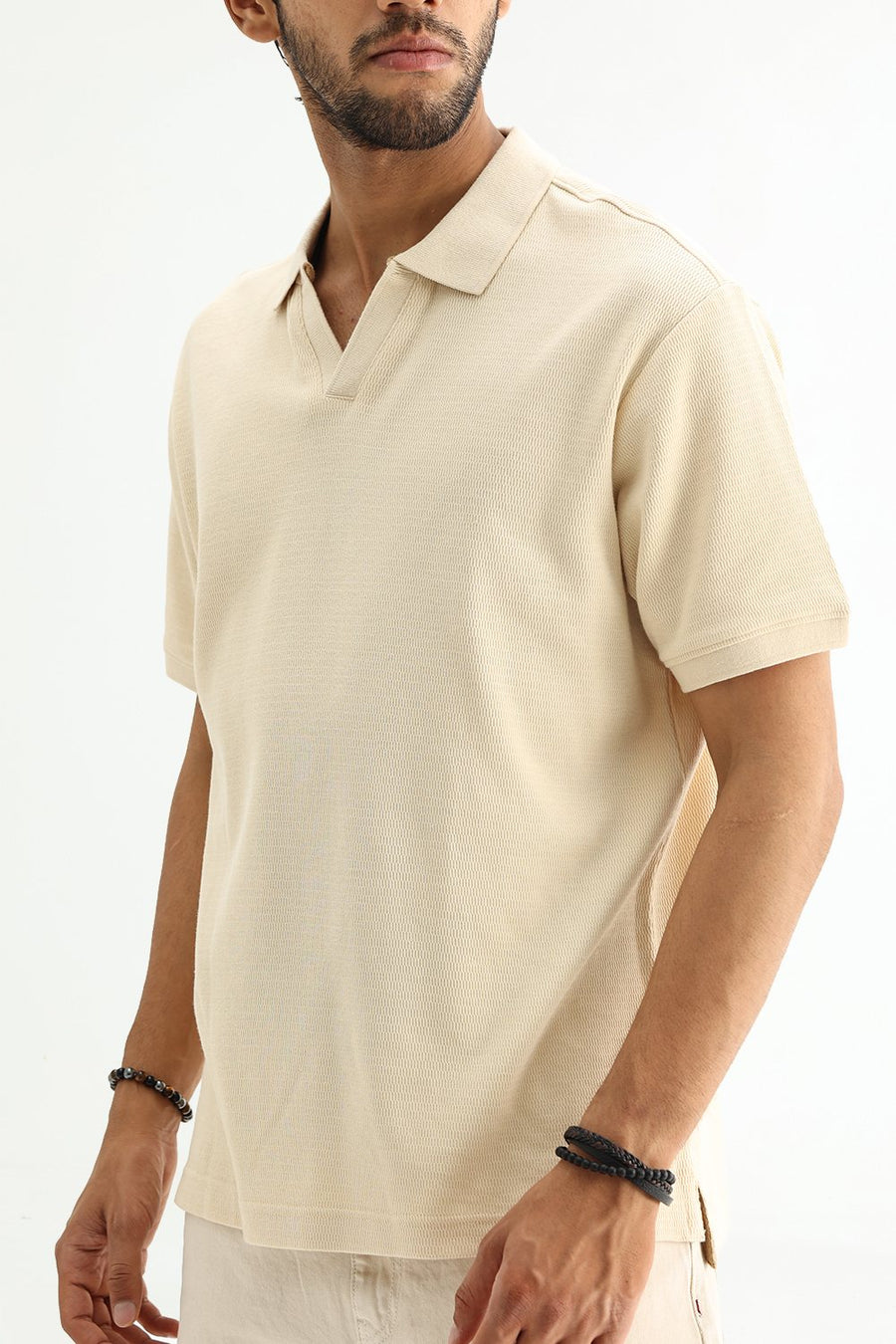 BASICS REGULAR FIT BLEACHED SAND COTTON JOHNNY POLO T-SHIRT