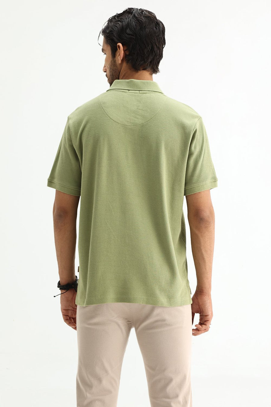 BASICS REGULAR FIT SAGE GREEN COTTON JOHNNY POLO T-SHIRT