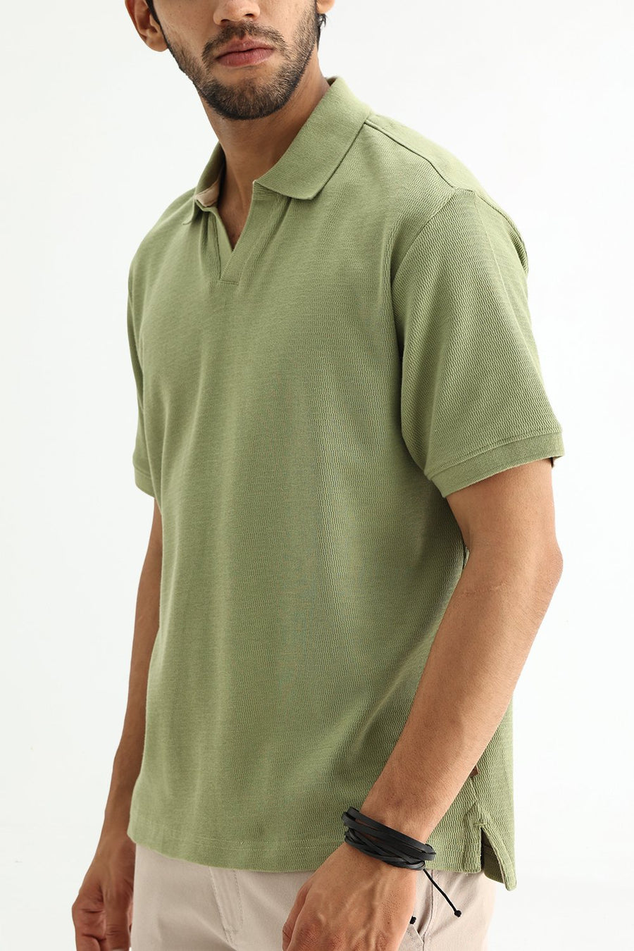 BASICS REGULAR FIT SAGE GREEN COTTON JOHNNY POLO T-SHIRT