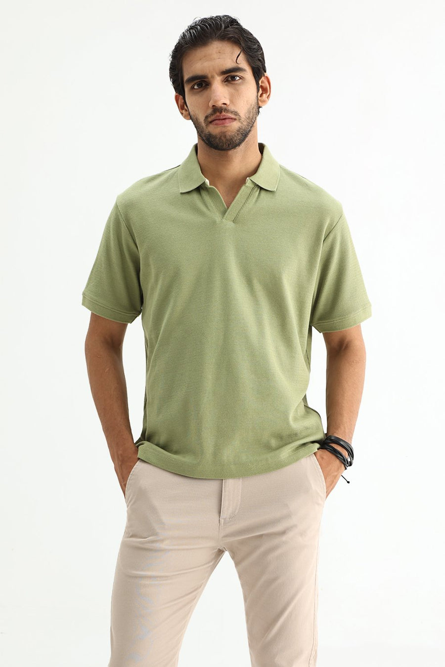BASICS REGULAR FIT SAGE GREEN COTTON JOHNNY POLO T-SHIRT